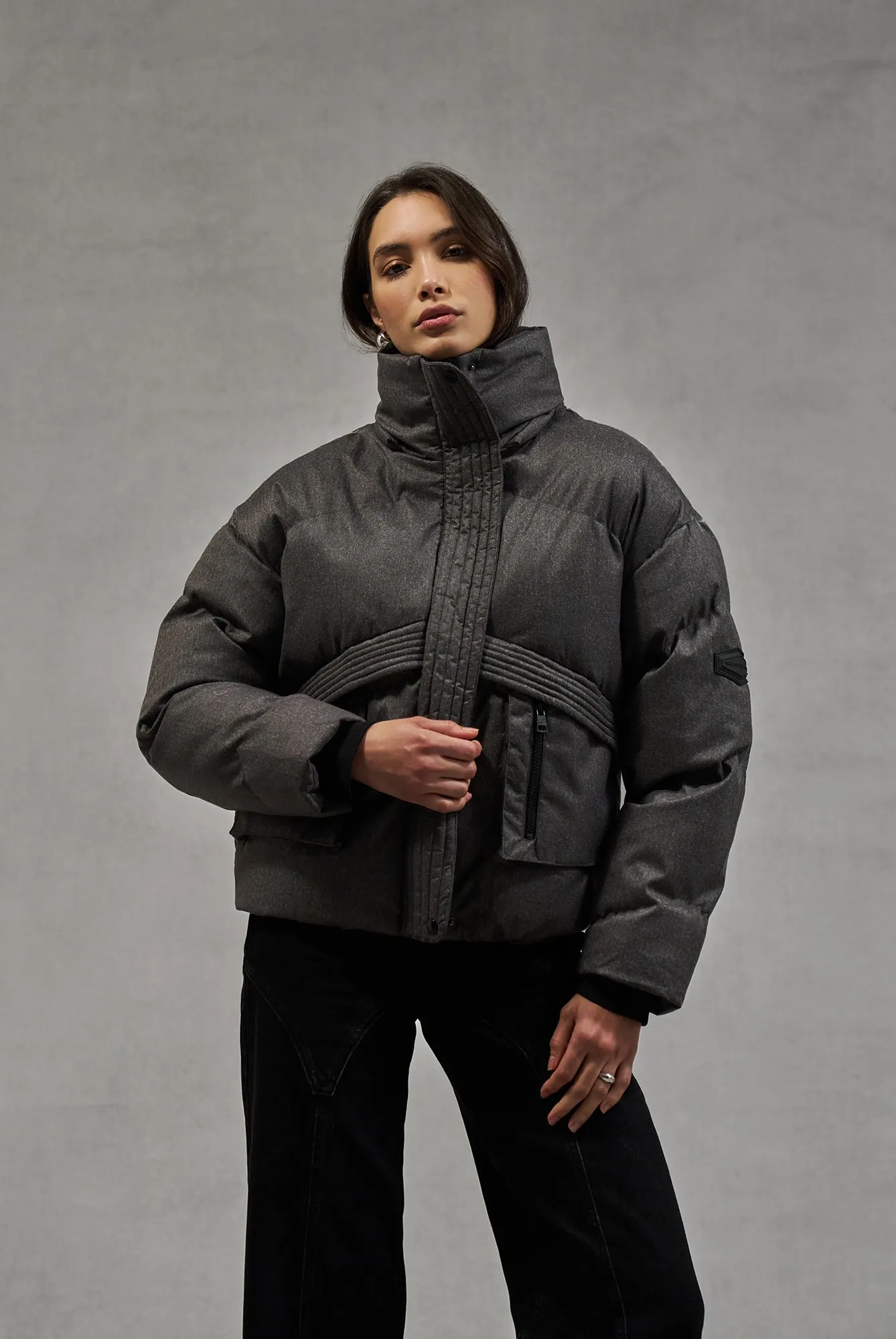 OVERSIZED TIE HEM PUFFER JACKET - GREY