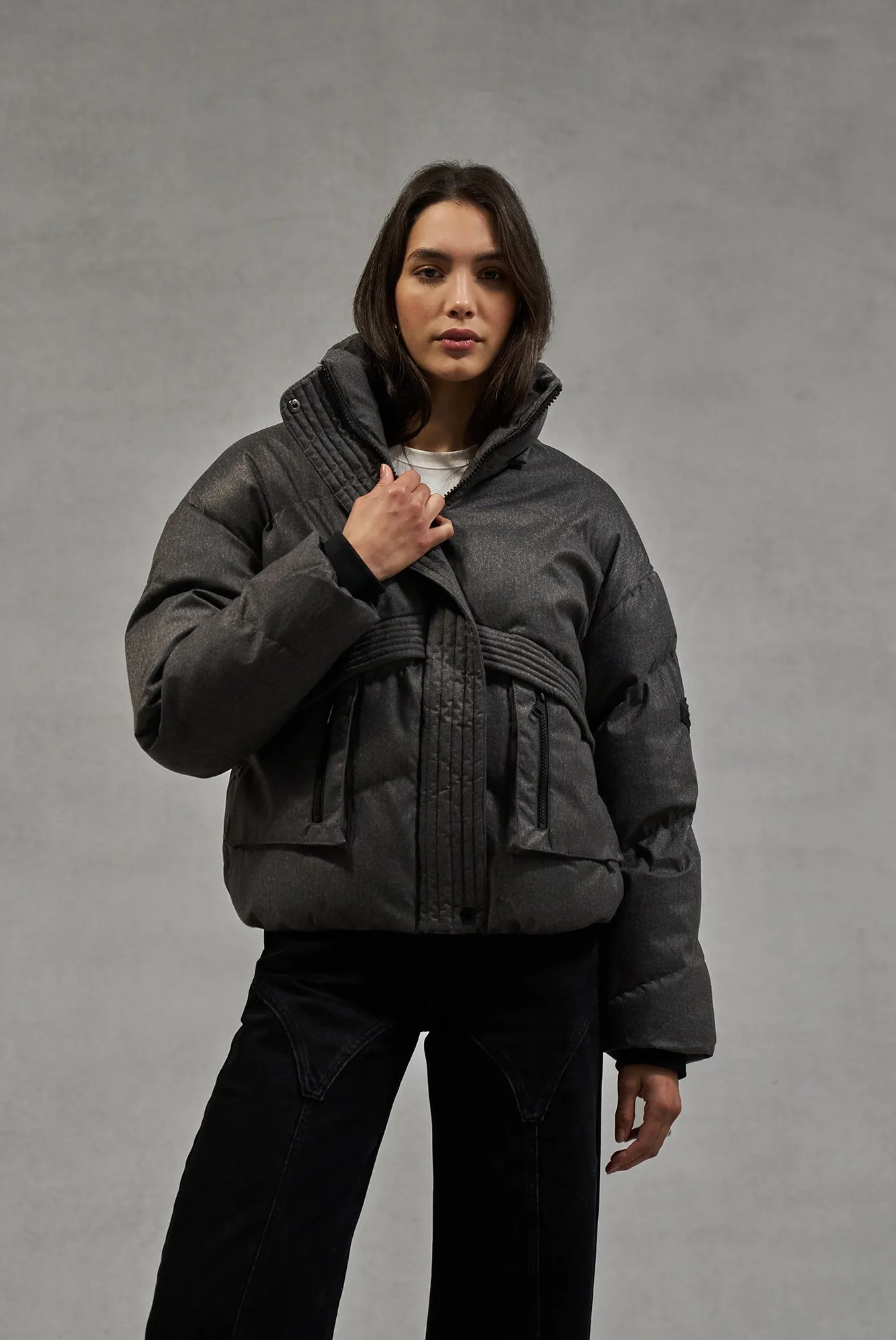 OVERSIZED TIE HEM PUFFER JACKET - GREY