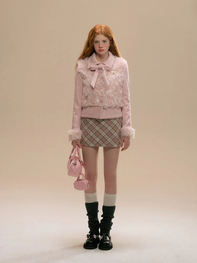 Pink Faux Fur Two-Piece Short Jacket