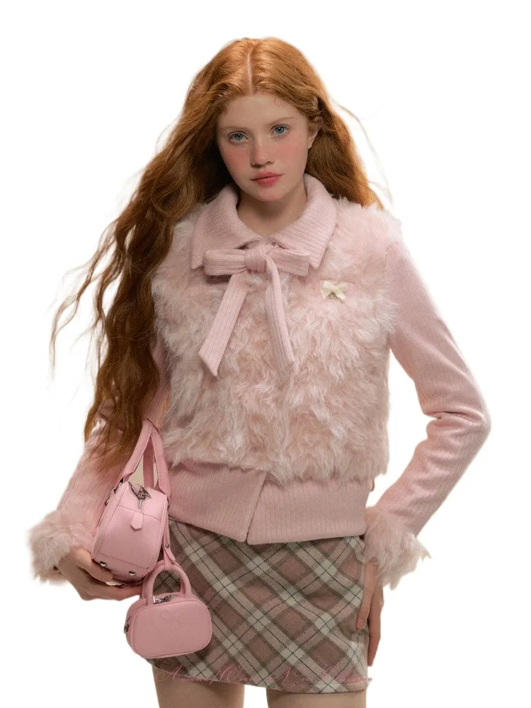 Pink Faux Fur Two-Piece Short Jacket