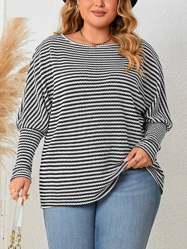 Plus Size Leg-of-Mutton Sleeve on Striped Casual Tops