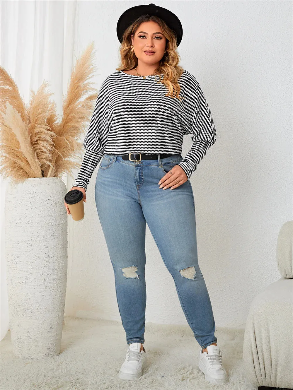 Plus Size Leg-of-Mutton Sleeve on Striped Casual Tops