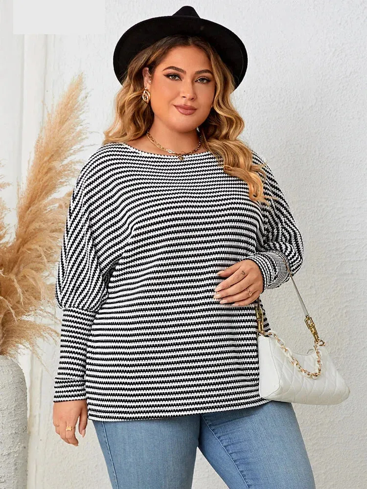 Plus Size Leg-of-Mutton Sleeve on Striped Casual Tops