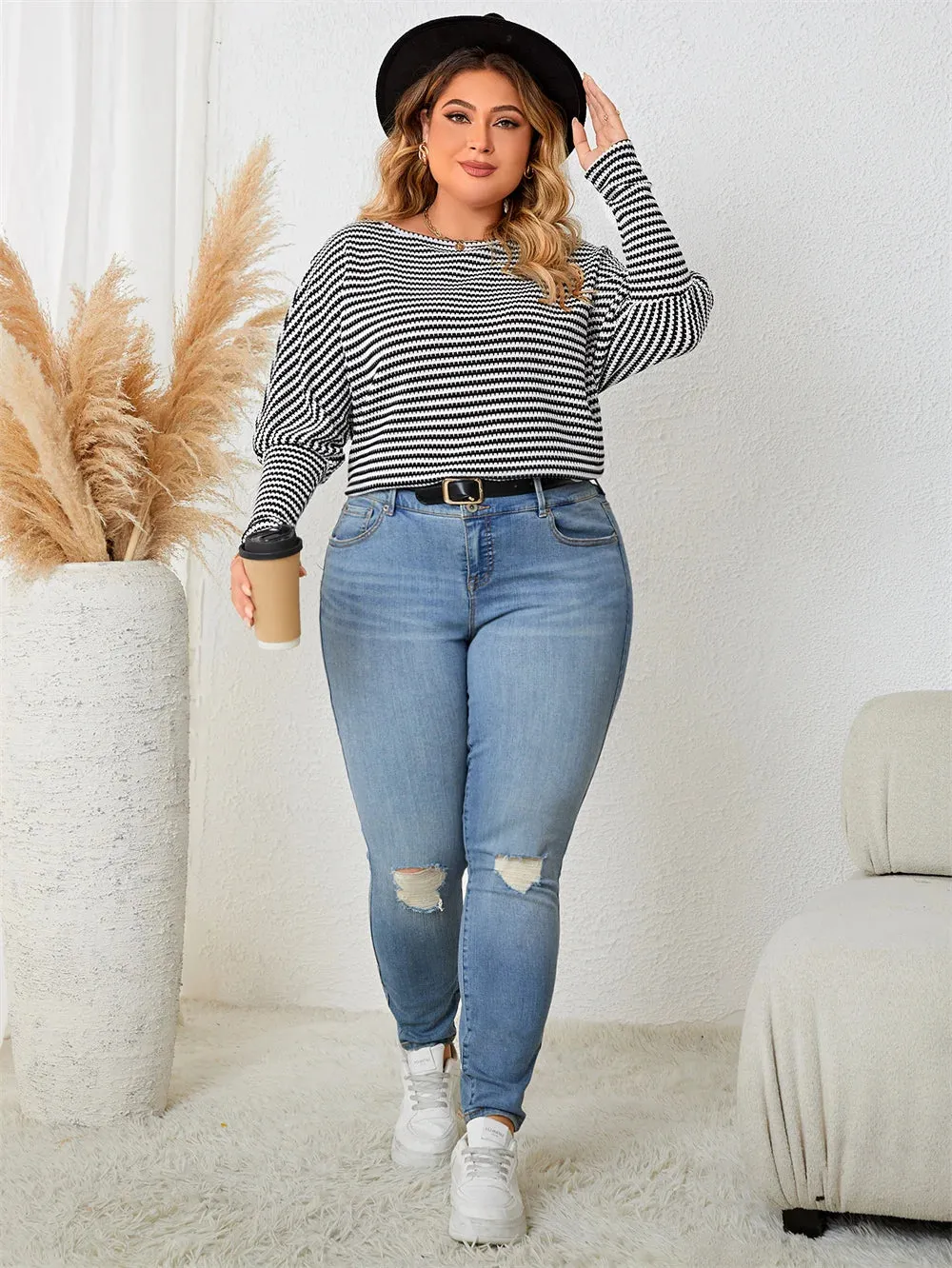 Plus Size Leg-of-Mutton Sleeve on Striped Casual Tops