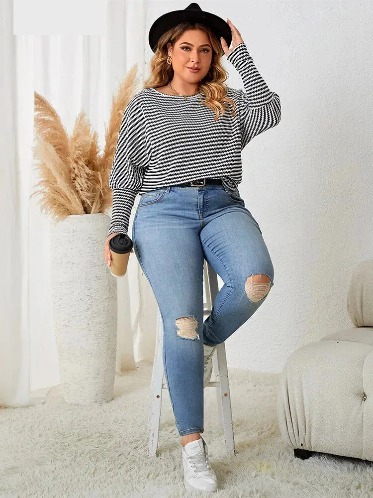 Plus Size Leg-of-Mutton Sleeve on Striped Casual Tops