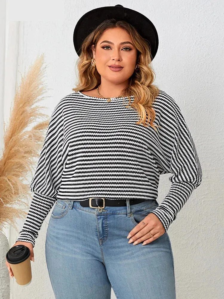 Plus Size Leg-of-Mutton Sleeve on Striped Casual Tops