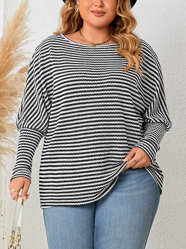 Plus Size Leg-of-Mutton Sleeve on Striped Casual Tops