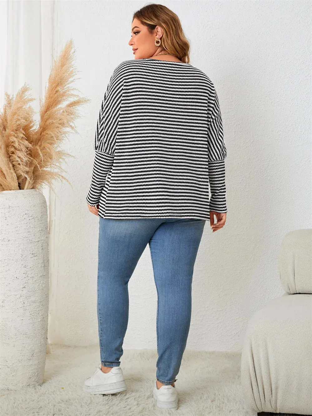 Plus Size Leg-of-Mutton Sleeve on Striped Casual Tops