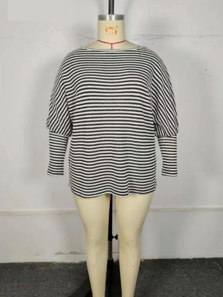 Plus Size Leg-of-Mutton Sleeve on Striped Casual Tops