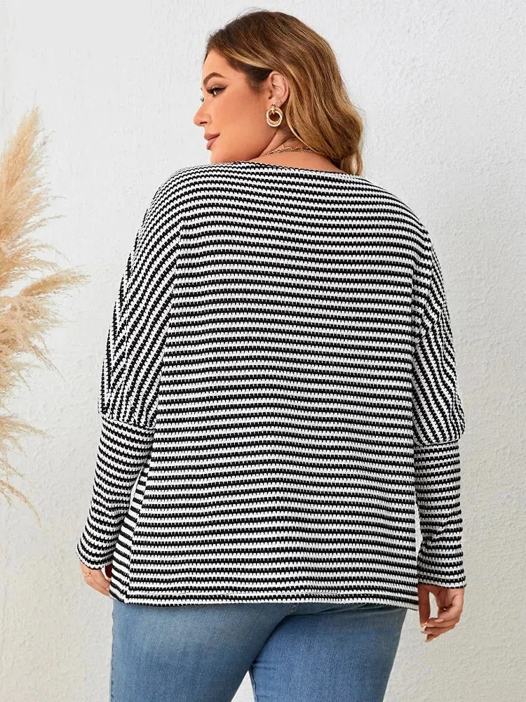 Plus Size Leg-of-Mutton Sleeve on Striped Casual Tops