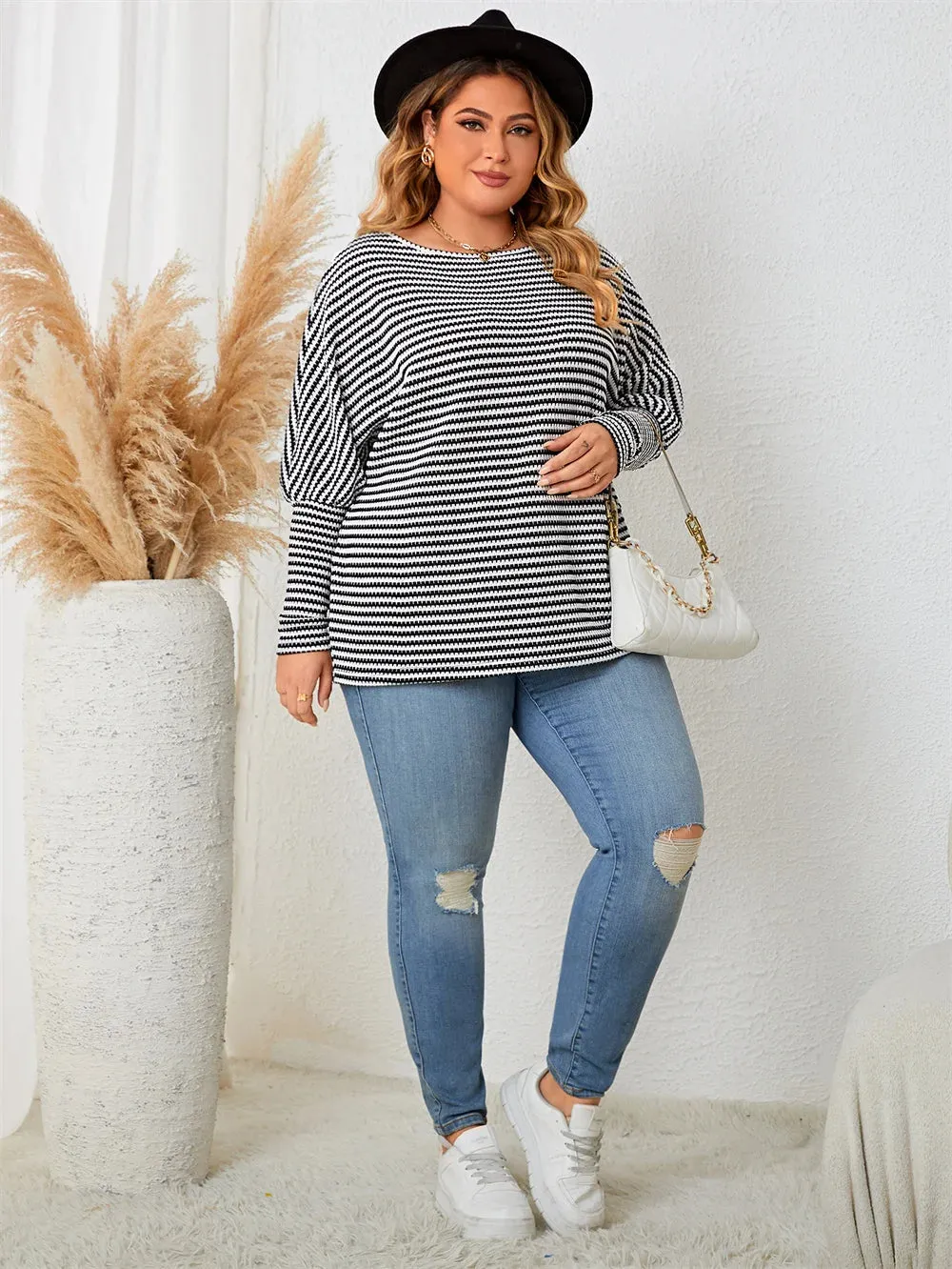 Plus Size Leg-of-Mutton Sleeve on Striped Casual Tops