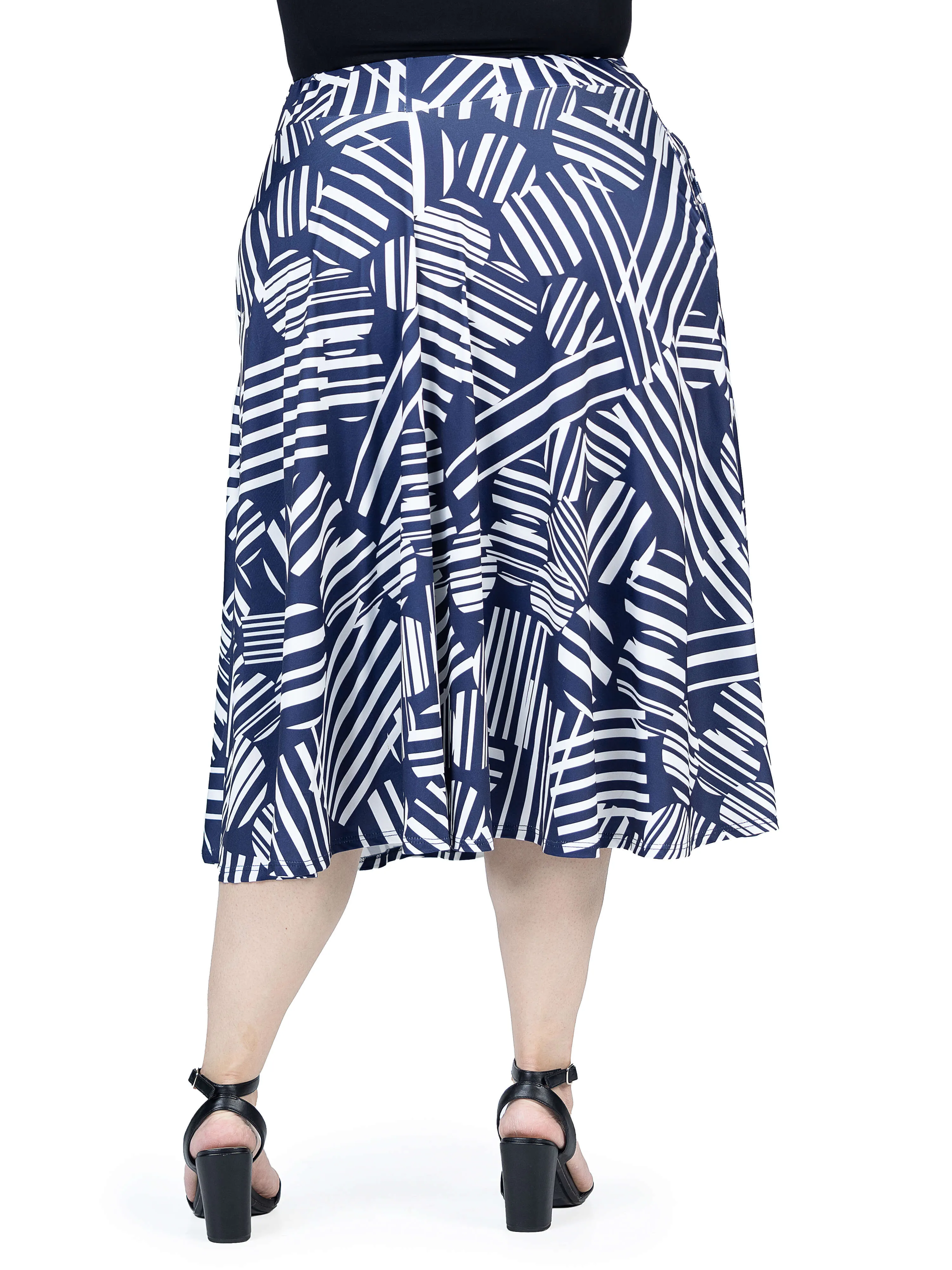 Plus Size Navy Geometric Print Pleated Midi Skirt With Pockets