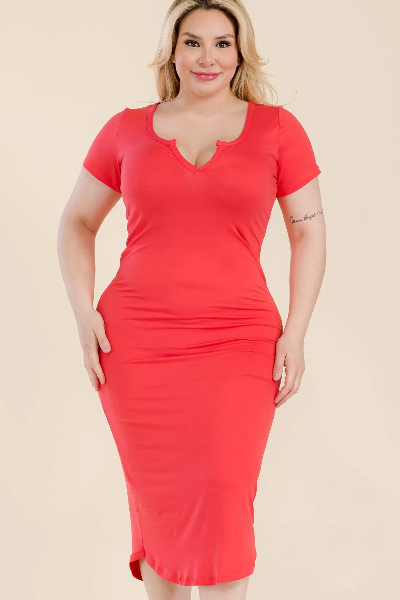 Plus Size Split Neck Bodycon Midi Dress (CAPELLA)