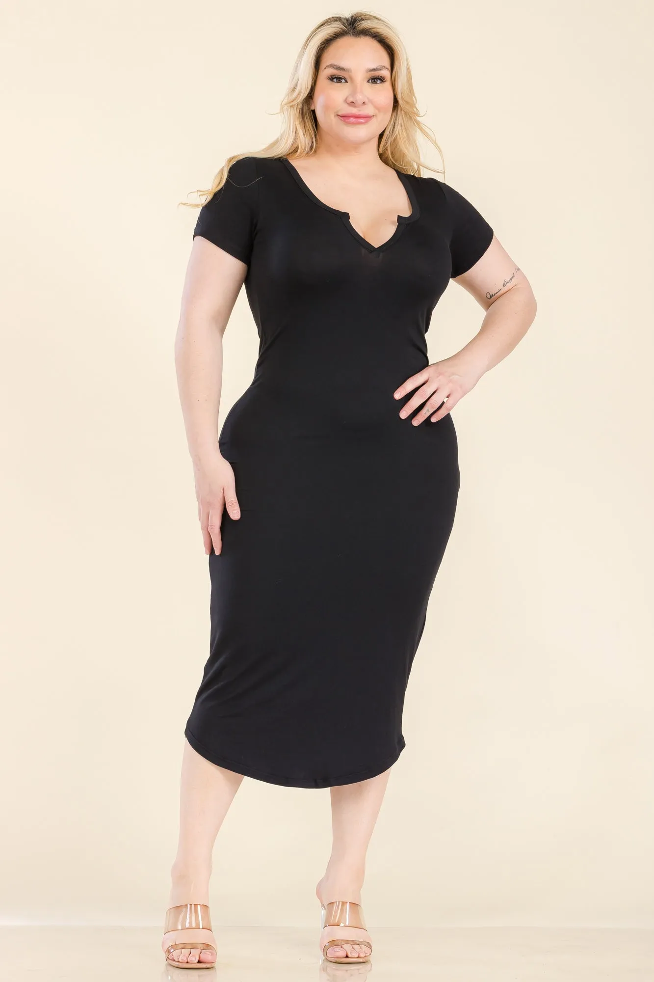 Plus Size Split Neck Bodycon Midi Dress (CAPELLA)