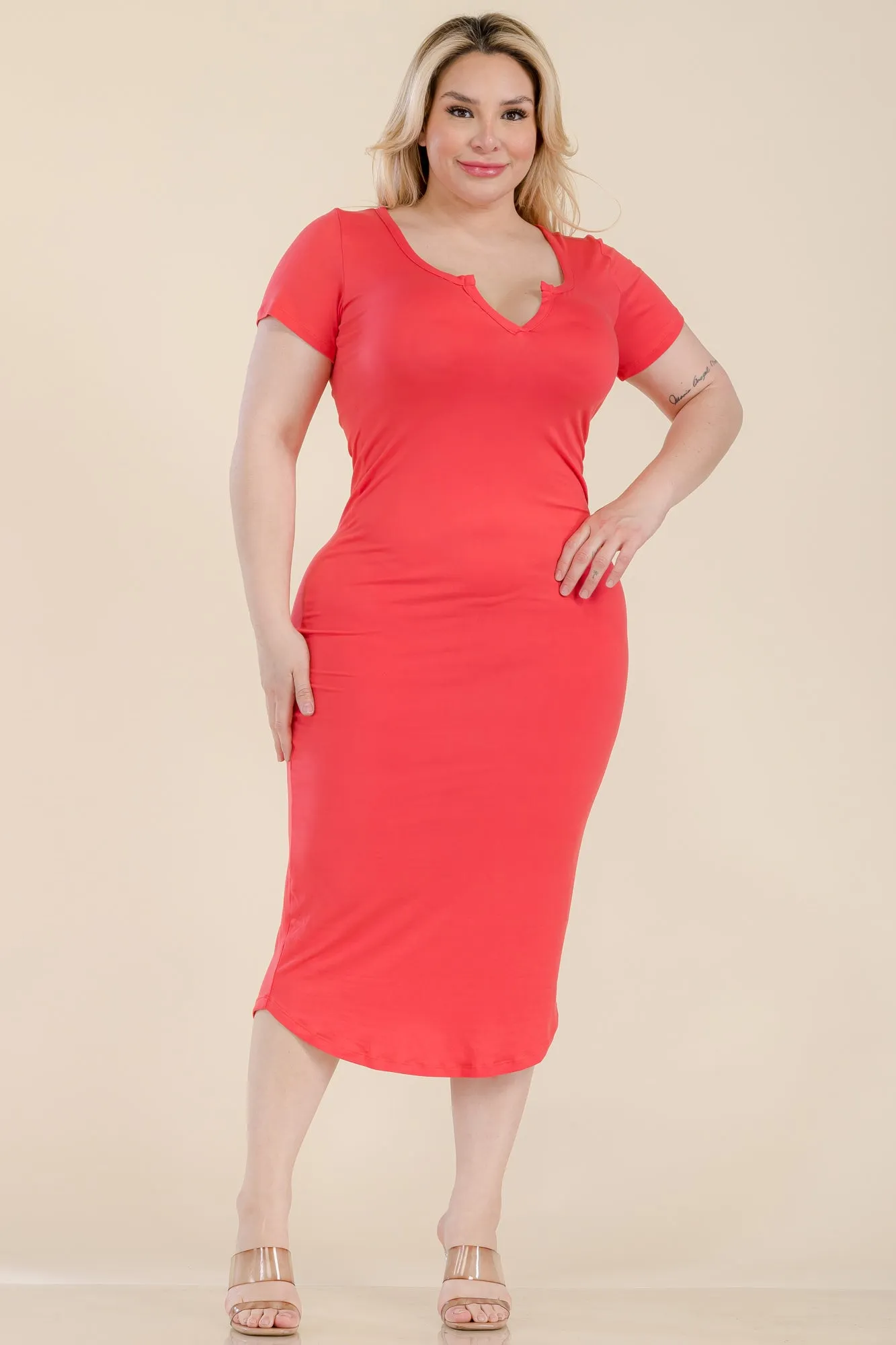 Plus Size Split Neck Bodycon Midi Dress (CAPELLA)