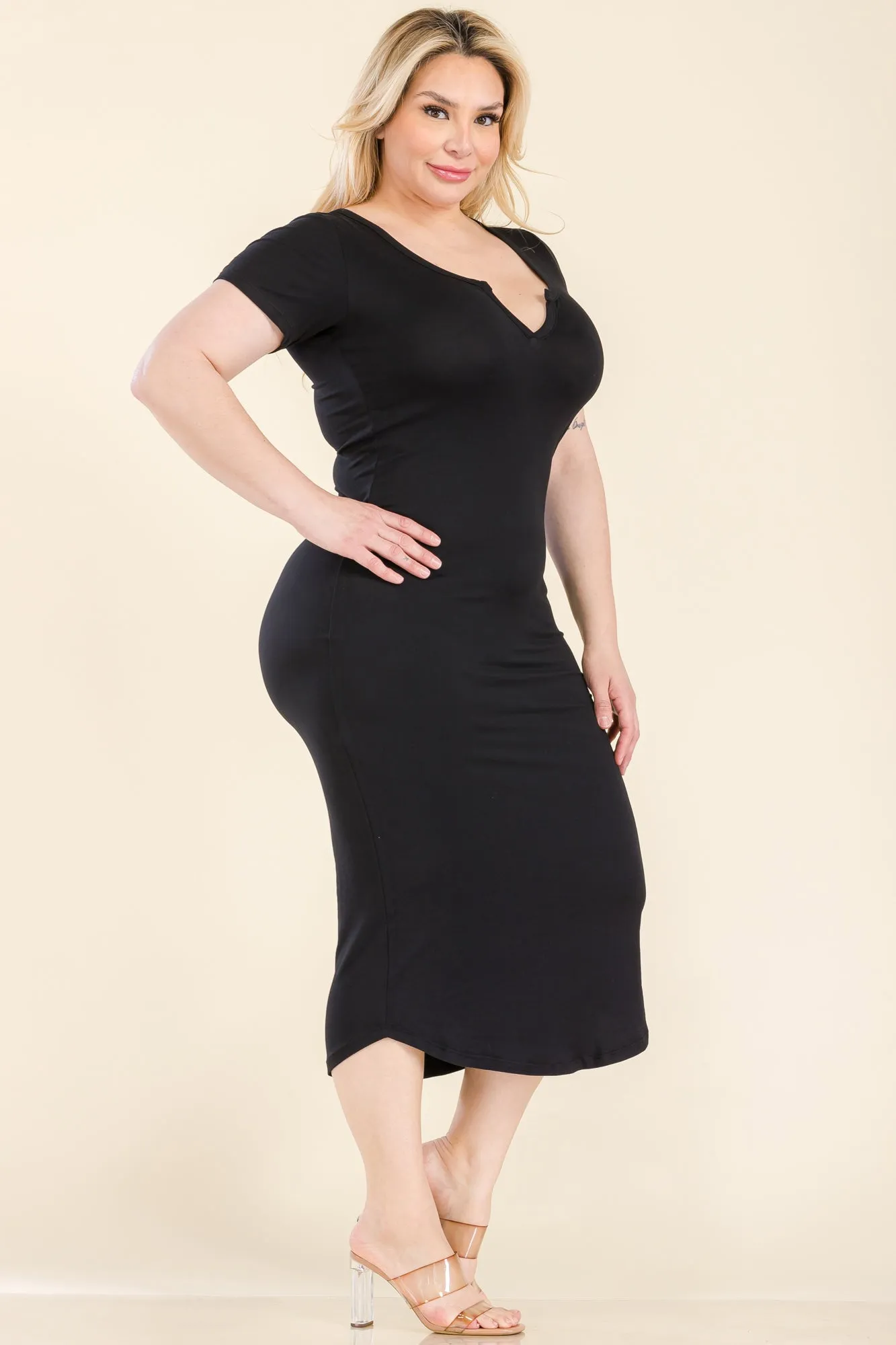 Plus Size Split Neck Bodycon Midi Dress (CAPELLA)