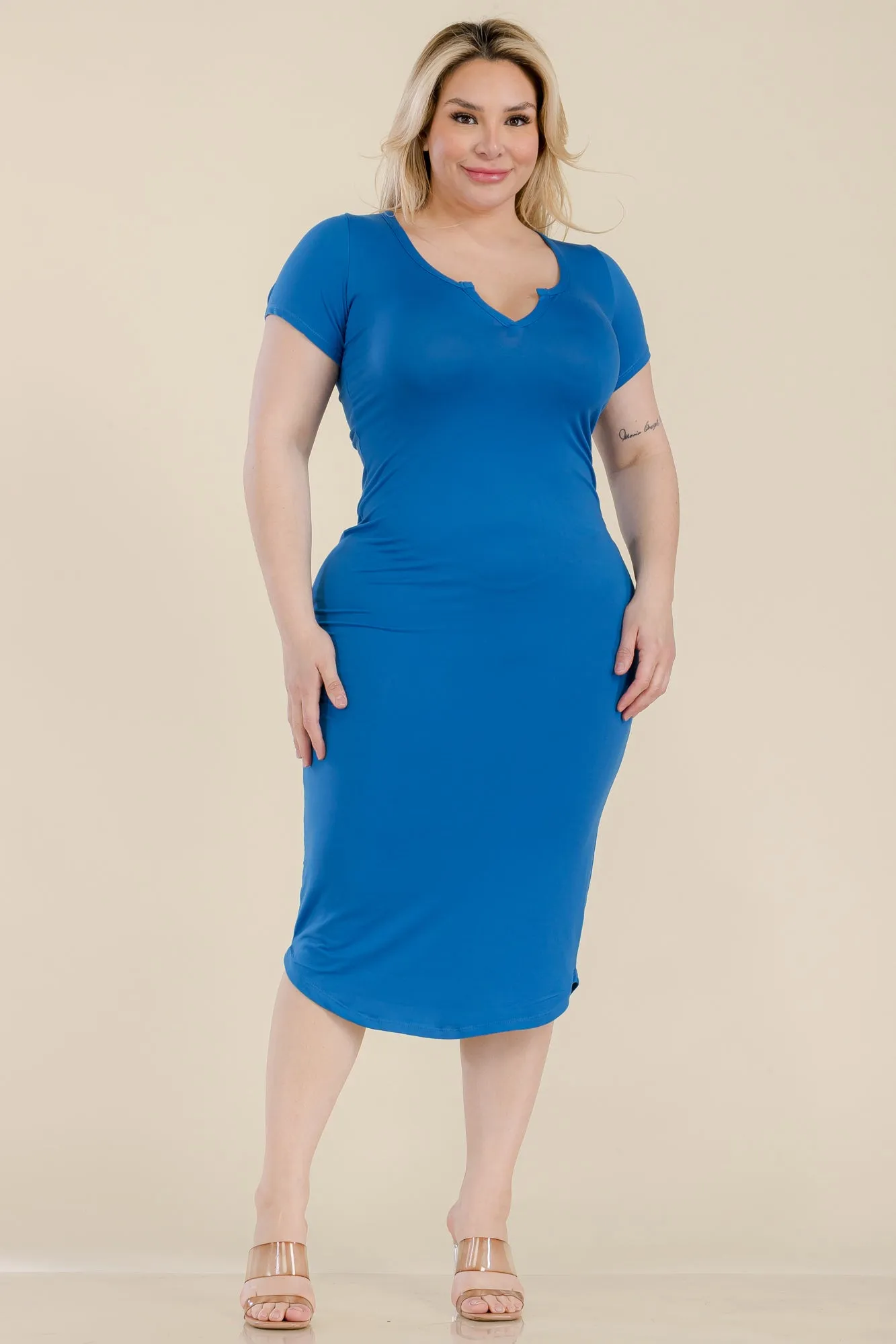 Plus Size Split Neck Bodycon Midi Dress (CAPELLA)