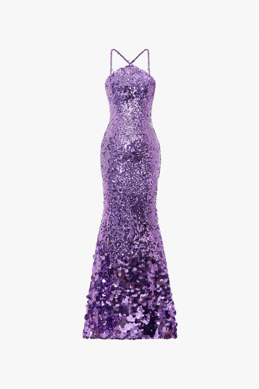 Purple Sequin Halter Neck Gown with Lace Gloves