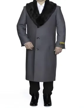 Removable Fur Collar Full Length Wool Dress Ankle length Overcoat In Grey Herringbone