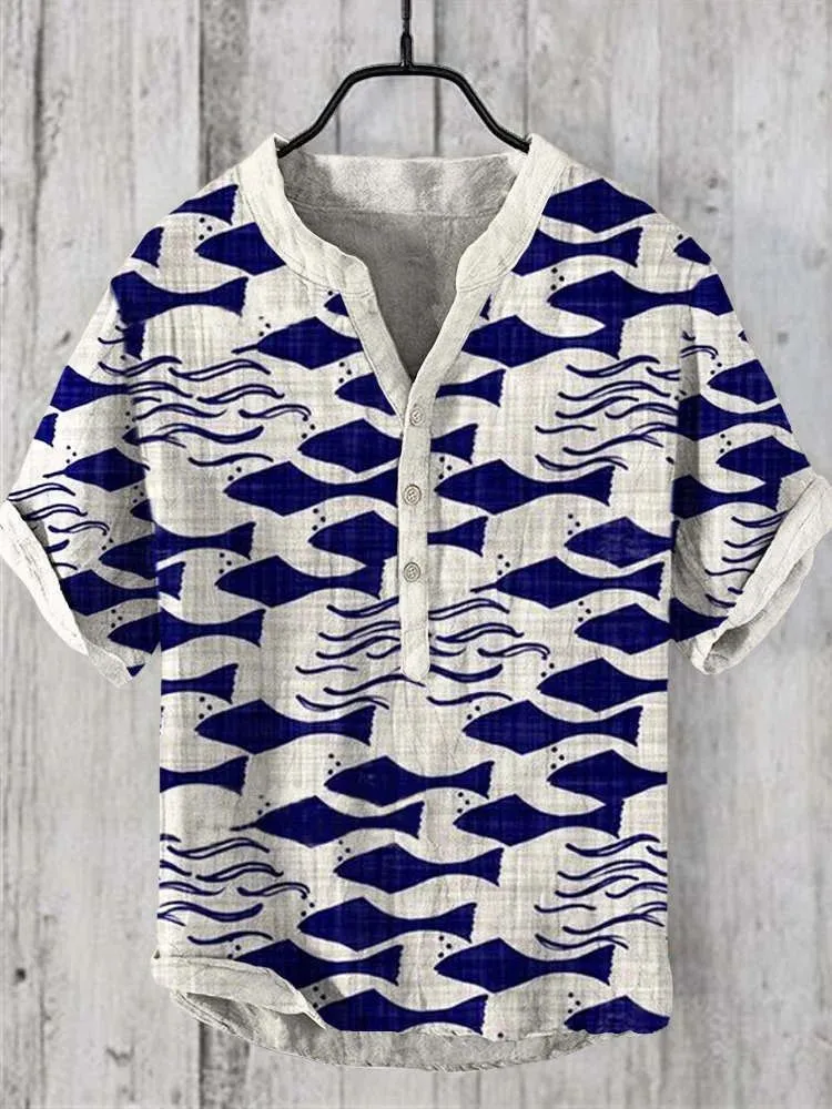 Retro Personalized Printed Casual Short-sleeved Linen Shirt Men's Loose Comfortable Shirt