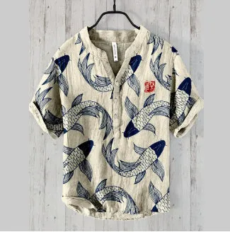 Retro Personalized Printed Casual Short-sleeved Linen Shirt Men's Loose Comfortable Shirt