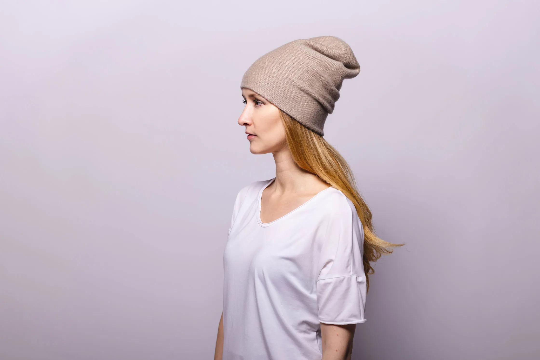 Reversible Slouchy Taupe Cashmere Hat with Crystal Pom-Pom