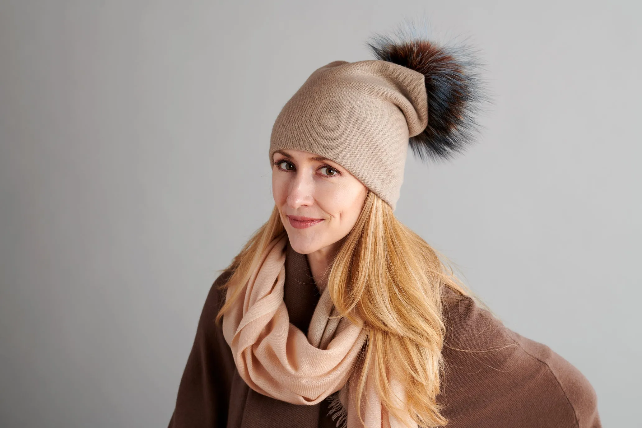 Reversible Slouchy Taupe Cashmere Hat with Pine Mist Pom-Pom