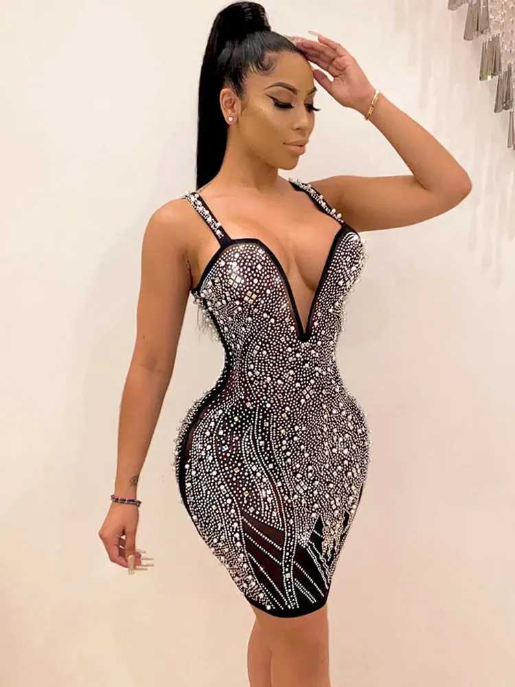 Rhinestone Outfit For Women Elegant Bodycon Mini Dresses*