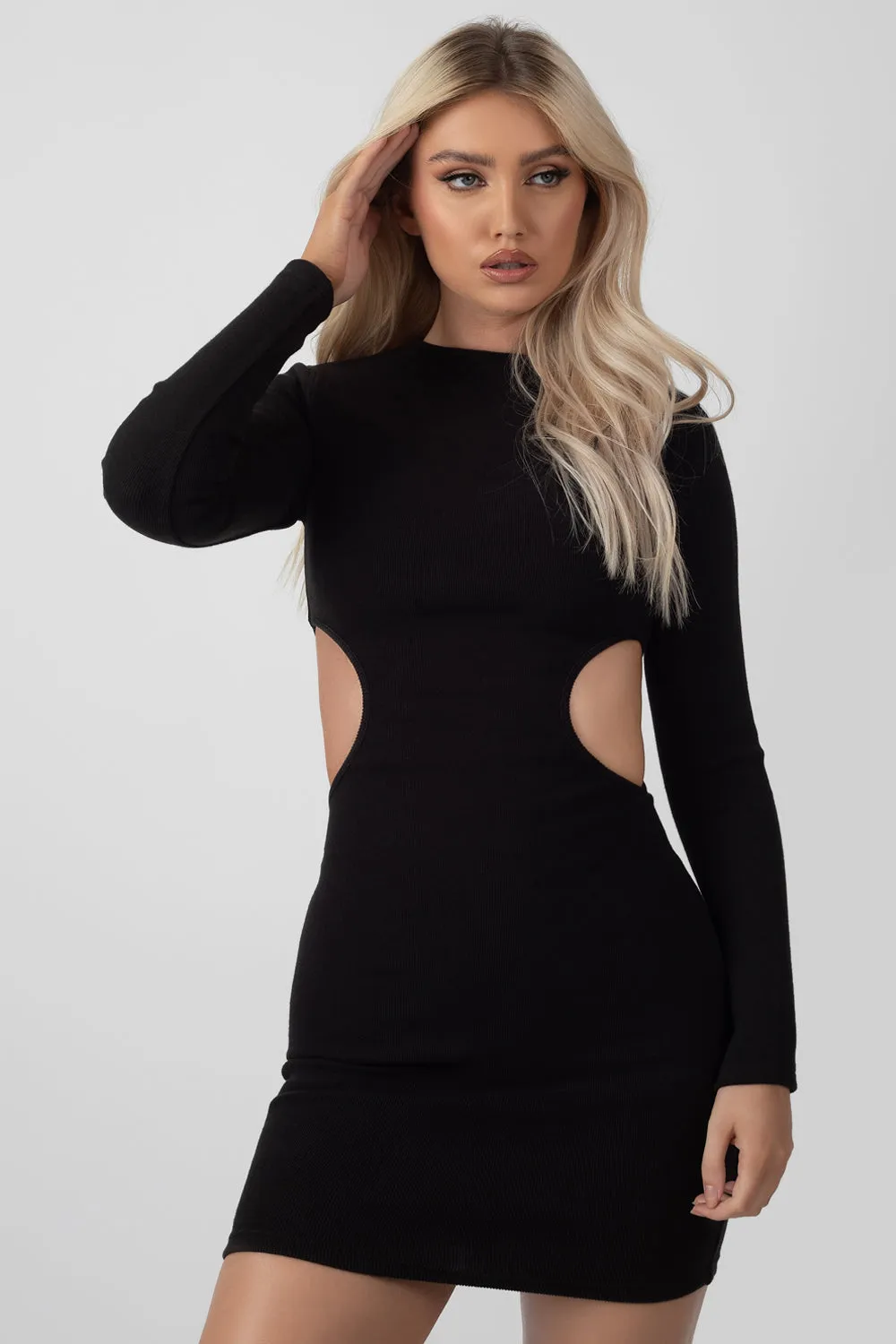 Ribbed Waist Cut Out Dress Black