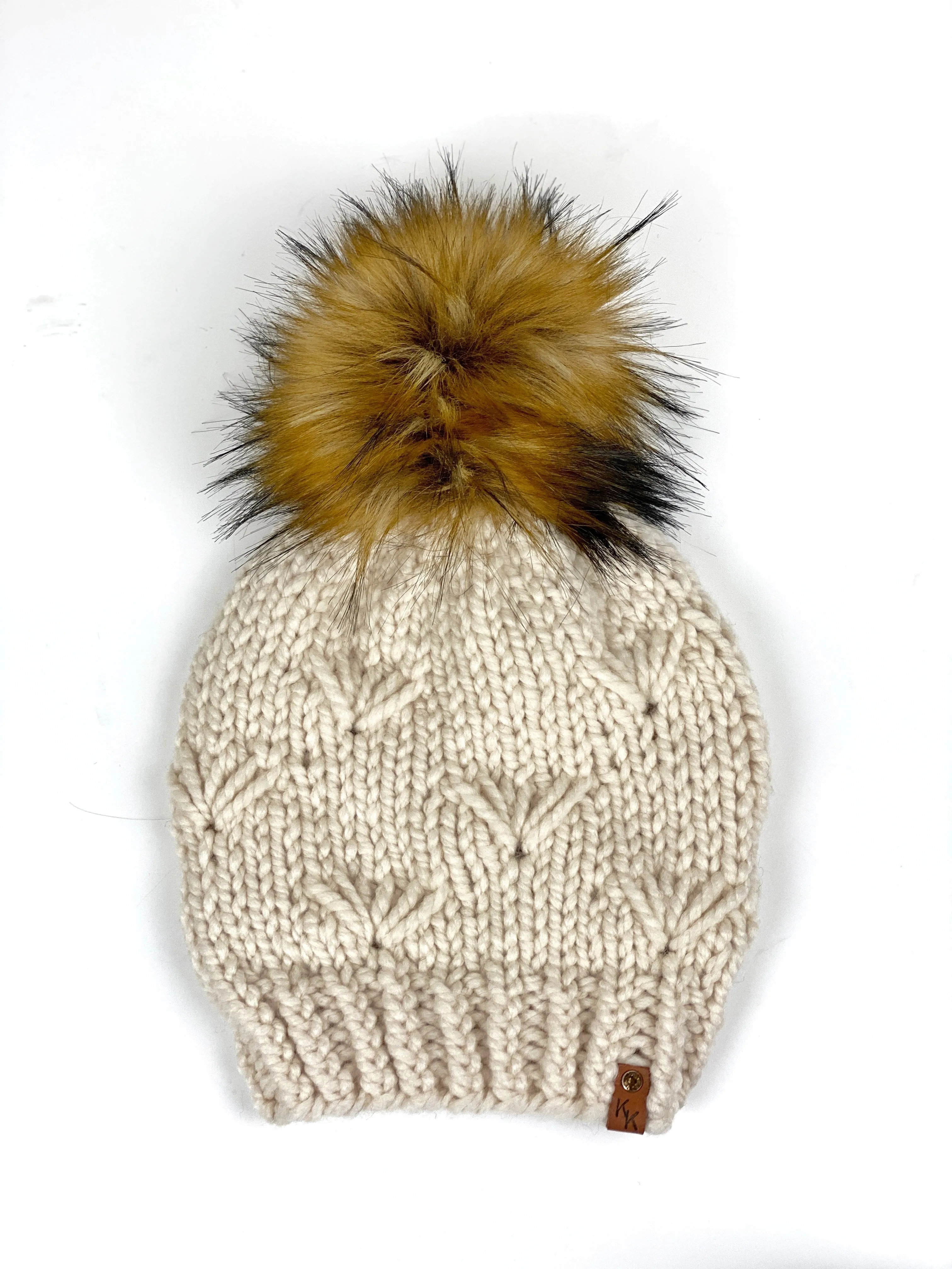 River Walk Beanie Womens Hand Knit Bulky Hat Wool Blend Faux Fur Pom