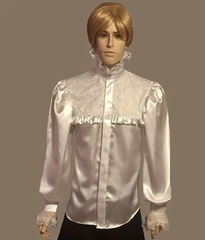 Ruffle-Trimmed Men's Satin Shirt With Lace Details Club Style Collar