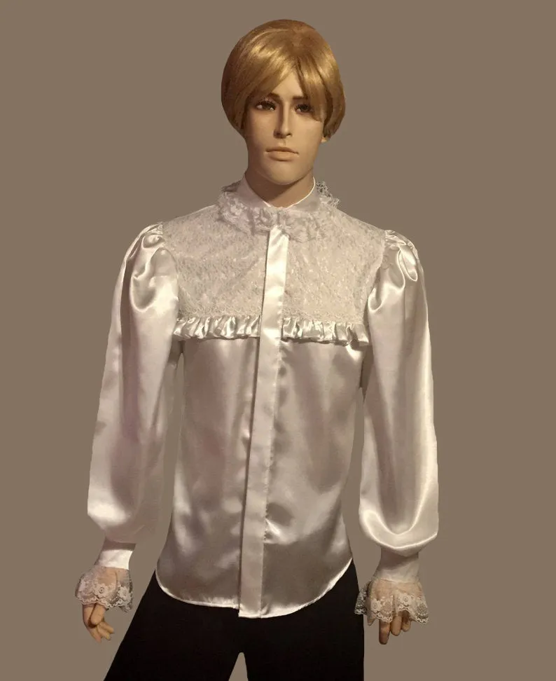 Ruffle-Trimmed Men's Satin Shirt With Lace Details Club Style Collar