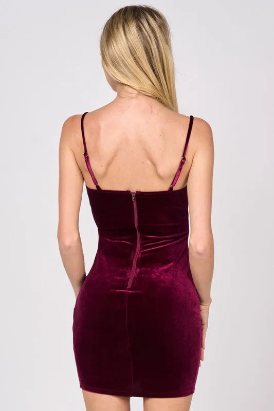 Sangria Luxe Velvet Rhinestone Trim Sweetheart Mini Dress