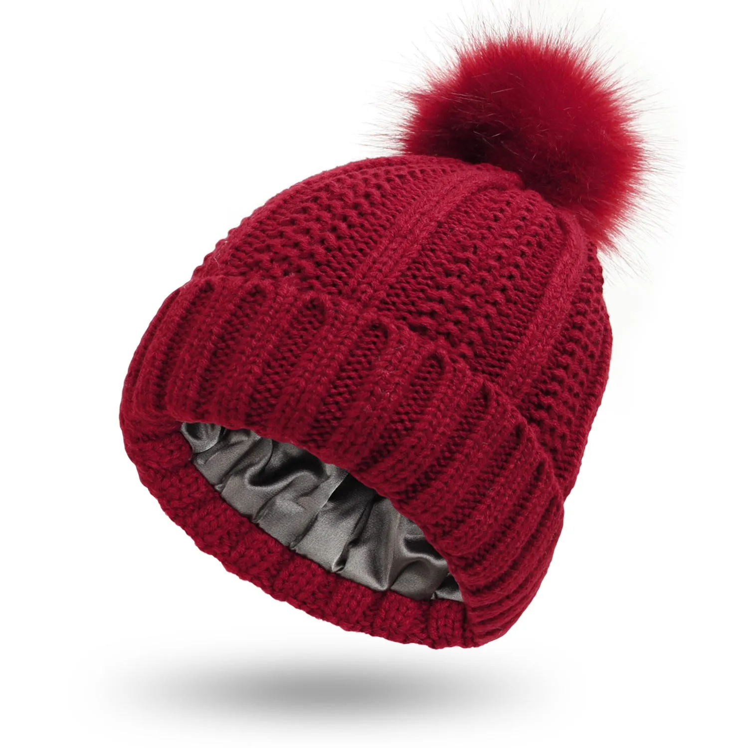 Satin-Lined Knit Beanie with Faux Fur Pom for Women