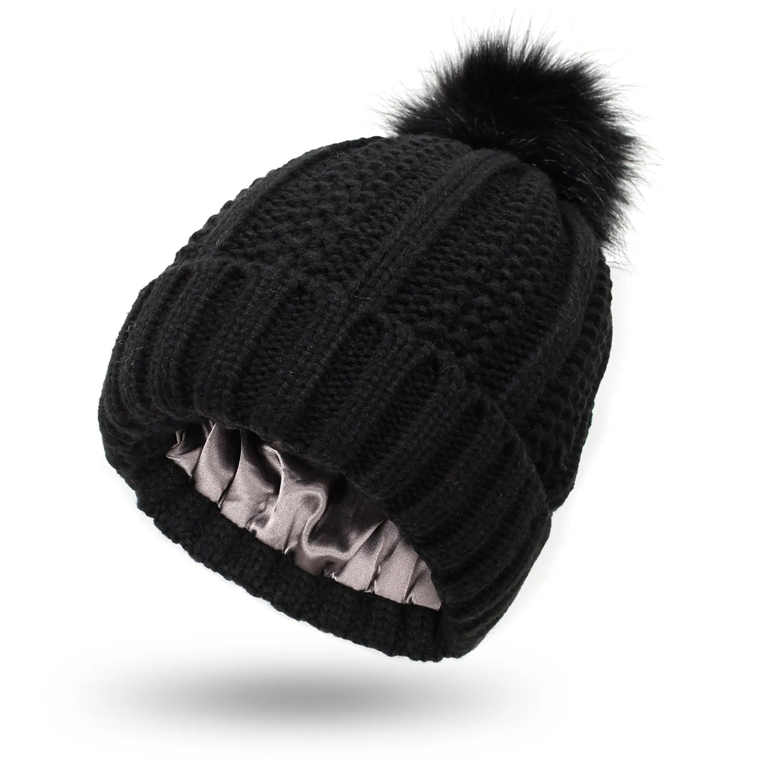 Satin-Lined Knit Beanie with Faux Fur Pom for Women