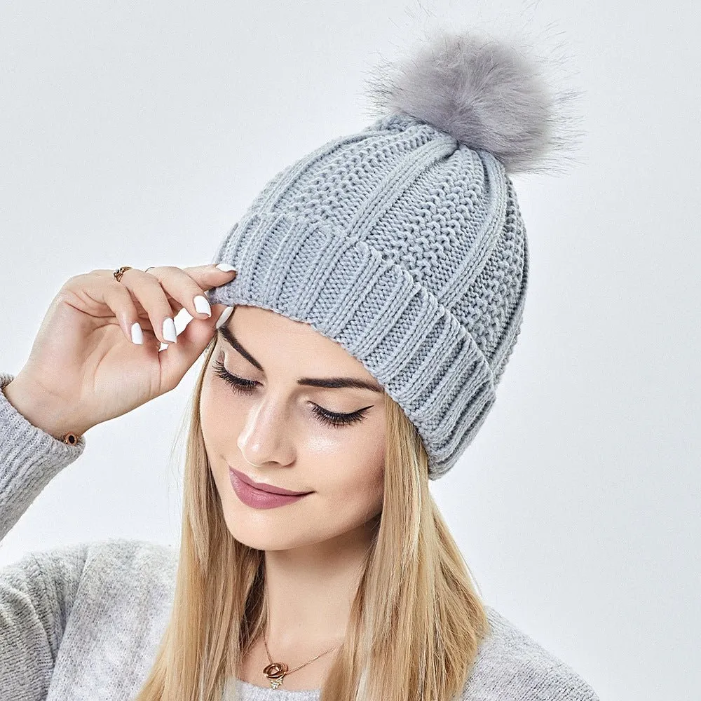 Satin-Lined Knit Beanie with Faux Fur Pom for Women