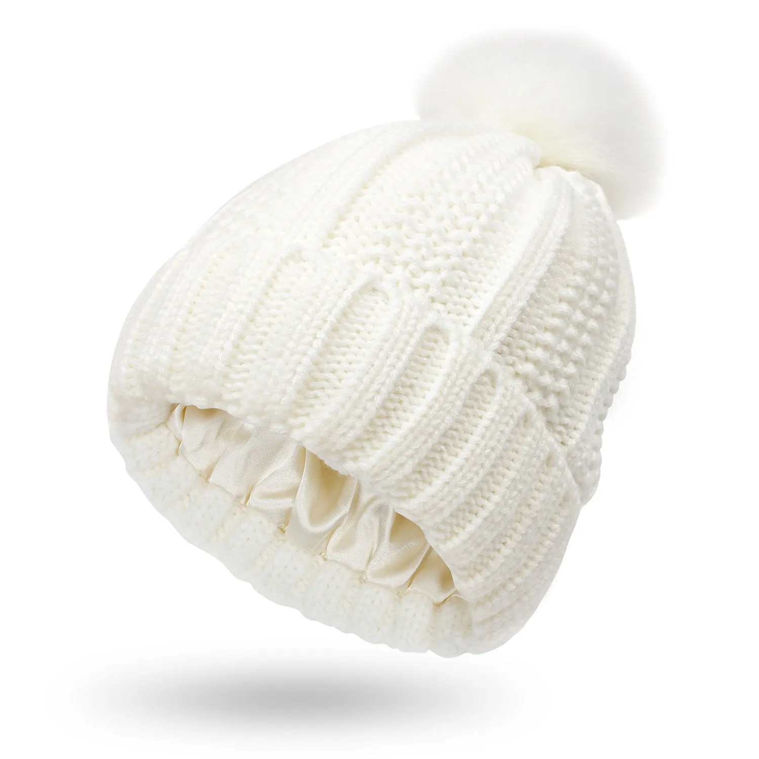 Satin-Lined Knit Beanie with Faux Fur Pom for Women