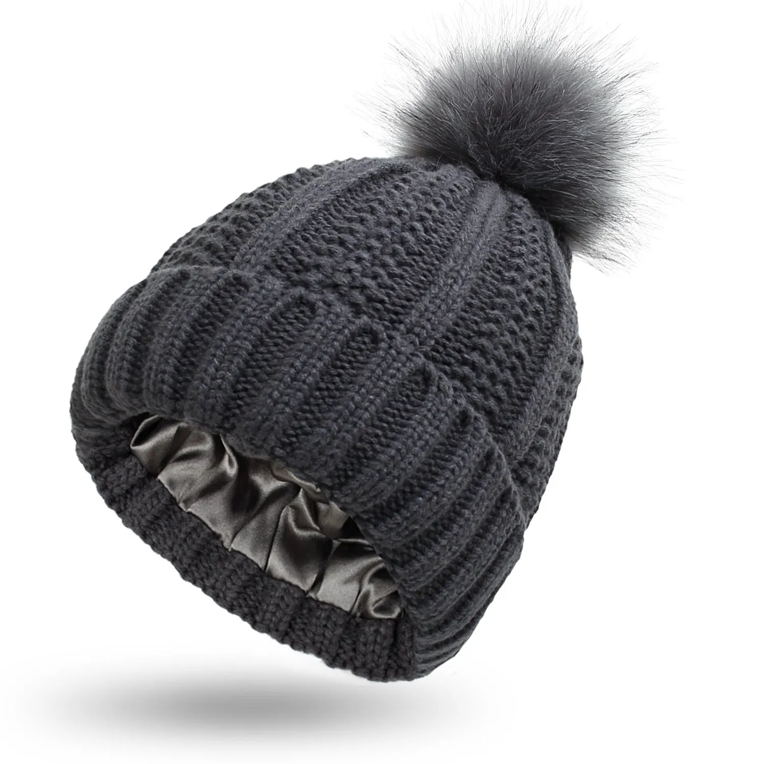 Satin Lined Wool Beanie Hat with Faux Fur Pom Pom