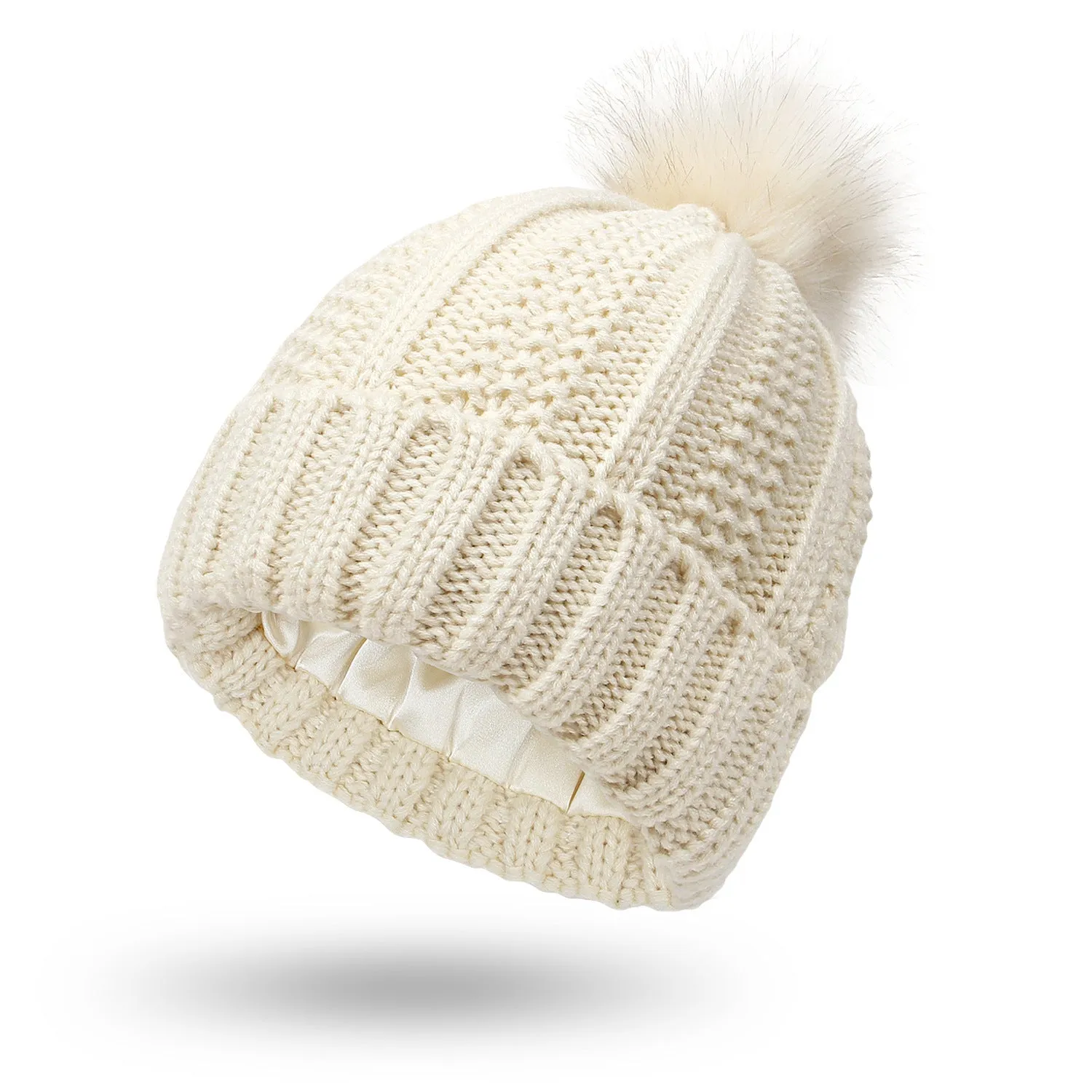 Satin Lined Wool Beanie Hat with Faux Fur Pom Pom