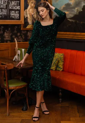 Sequin Velvet Bodycon Long Sleeve Evening Dress In Green