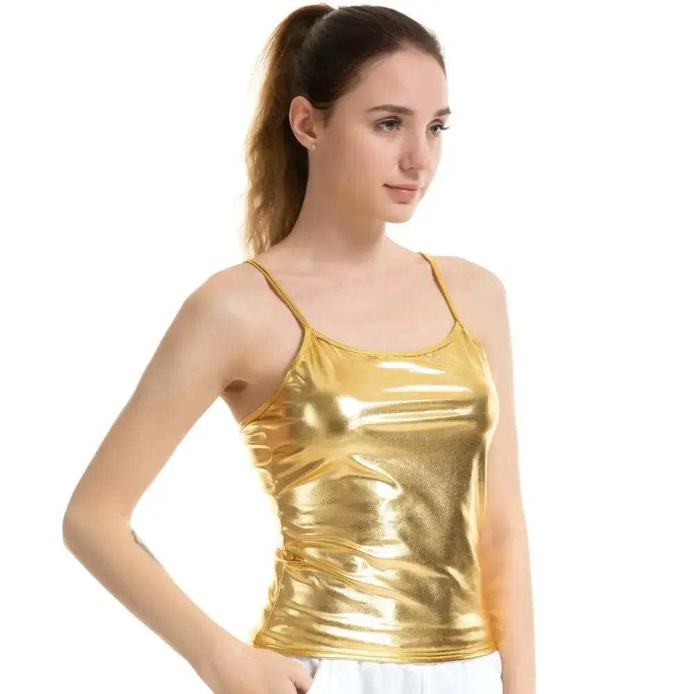 Shiny Metallic Party Camisole – Iridescent Wet Look Spaghetti Strap Tank Top for Women – Sexy Club Dancewear – All-Occasion Festival Cami