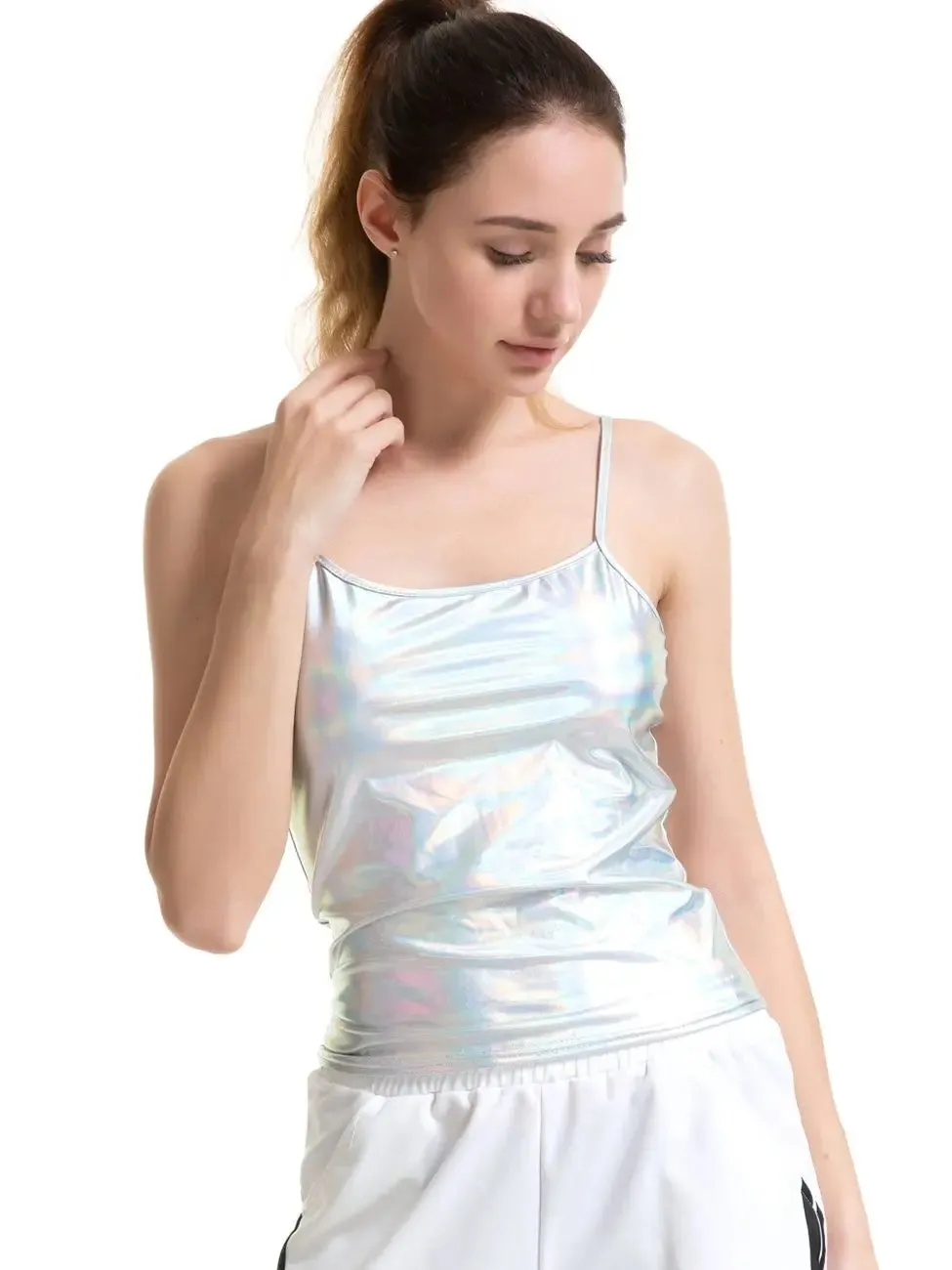 Shiny Metallic Party Camisole – Iridescent Wet Look Spaghetti Strap Tank Top for Women – Sexy Club Dancewear – All-Occasion Festival Cami