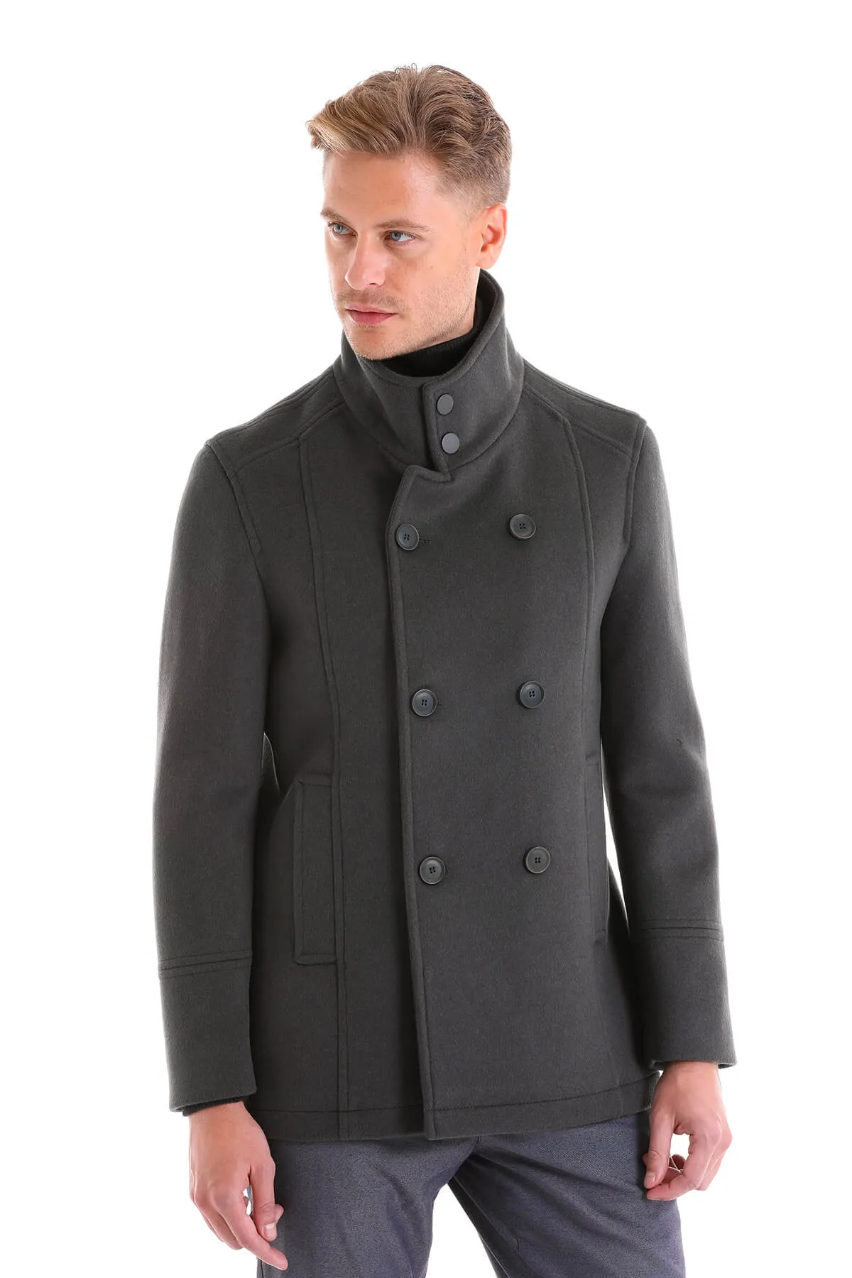 Slim Fit Double Breasted Light Gray Wool Blend Coat