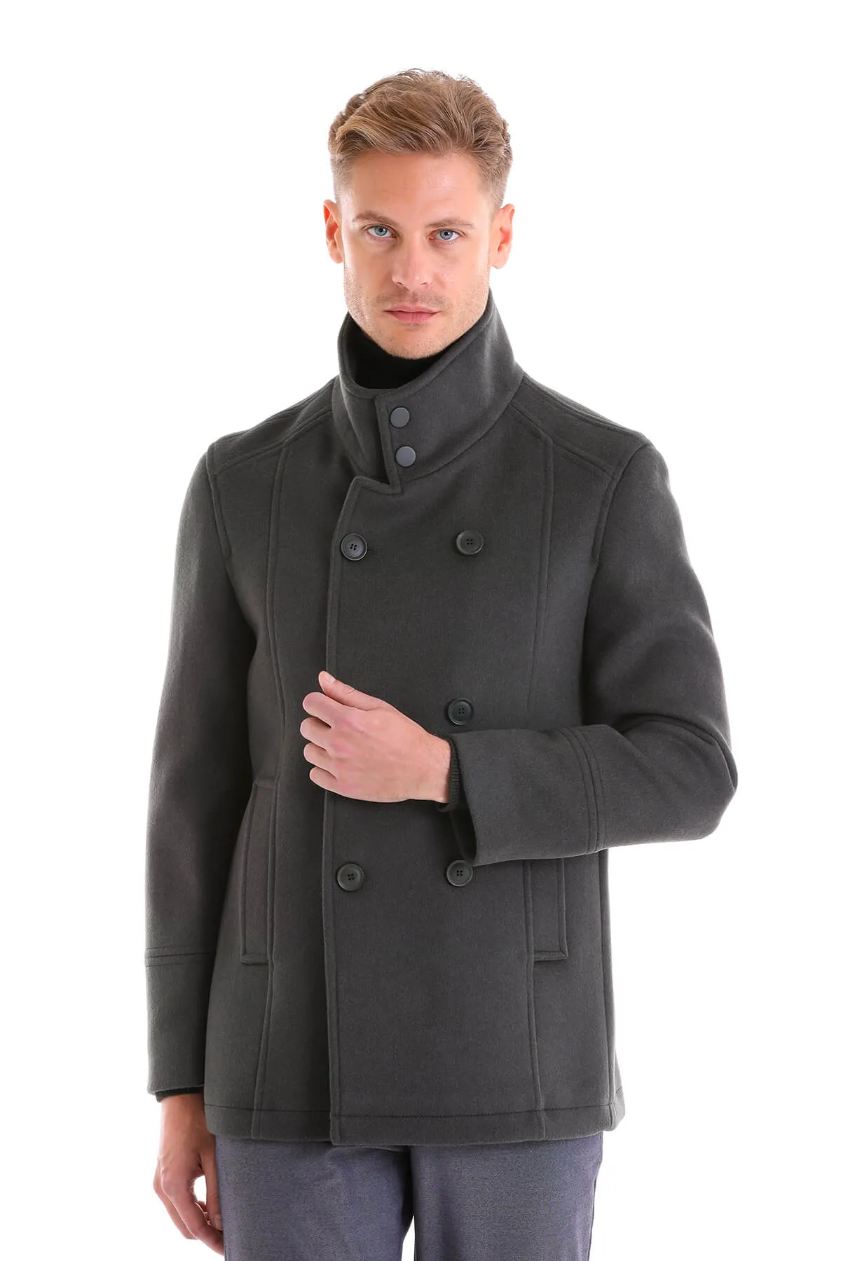 Slim Fit Double Breasted Light Gray Wool Blend Coat