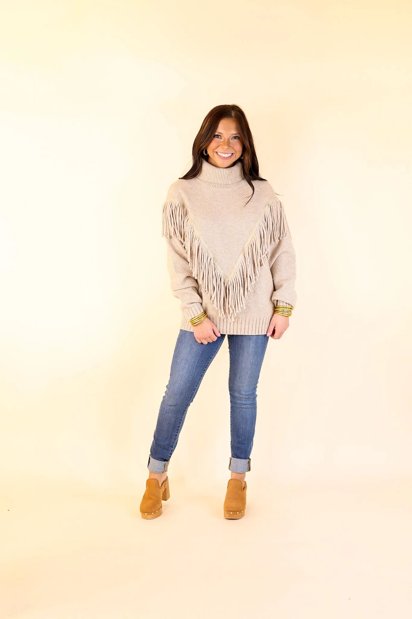 Snuggles And S'mores Turtle Neck Sweater with Fringe in Taupe