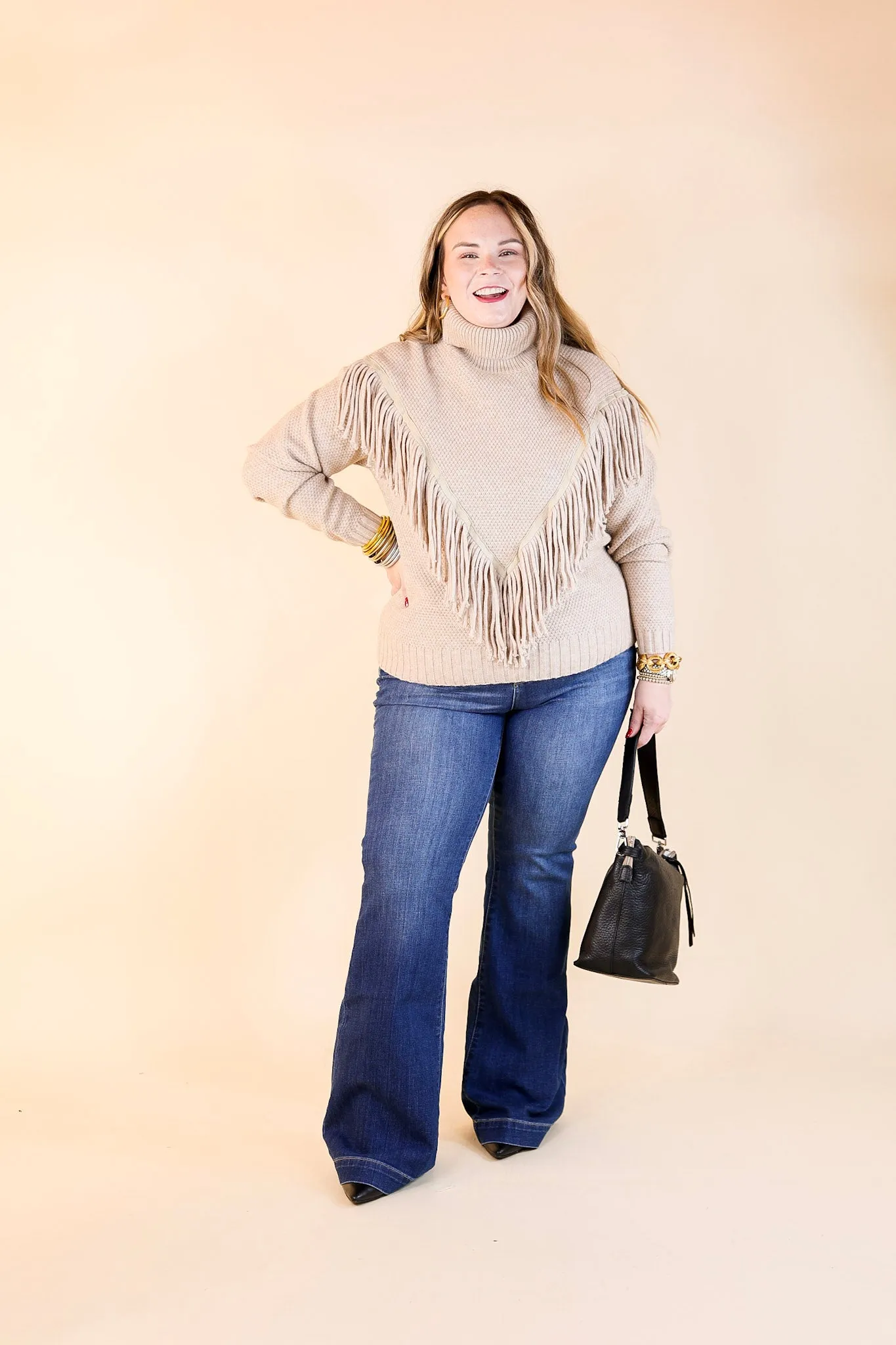 Snuggles And S'mores Turtle Neck Sweater with Fringe in Taupe