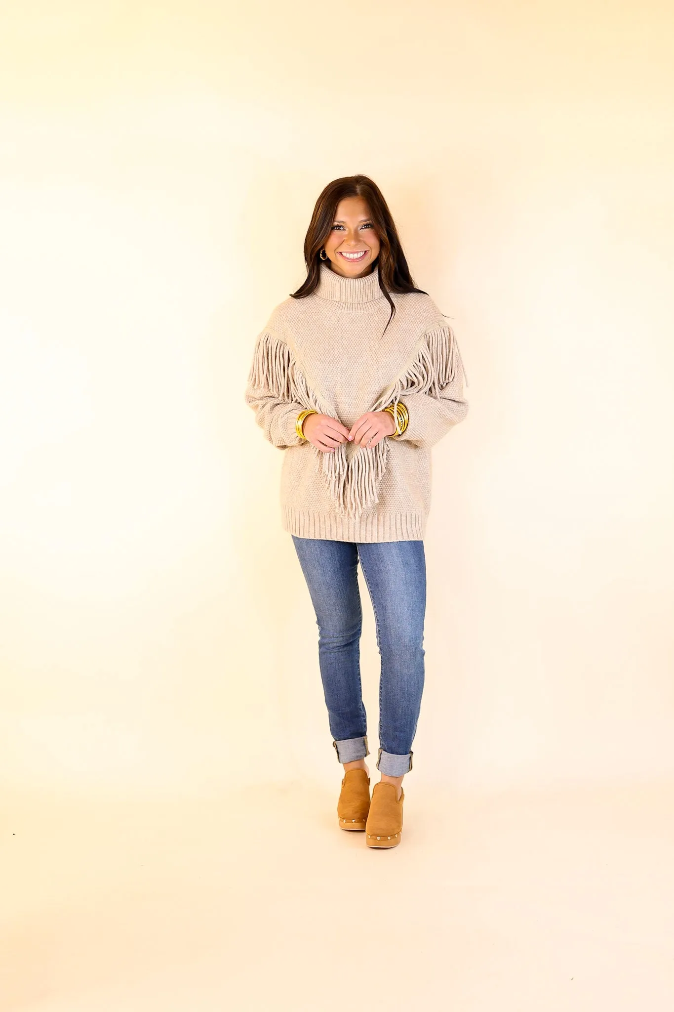 Snuggles And S'mores Turtle Neck Sweater with Fringe in Taupe