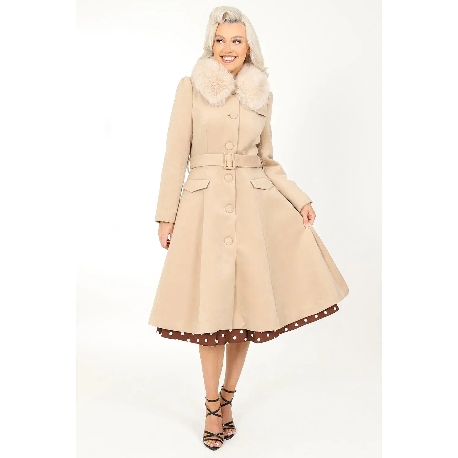 Soft Beige Caramel Vintage Winter Swing Coat With Detachable Collar