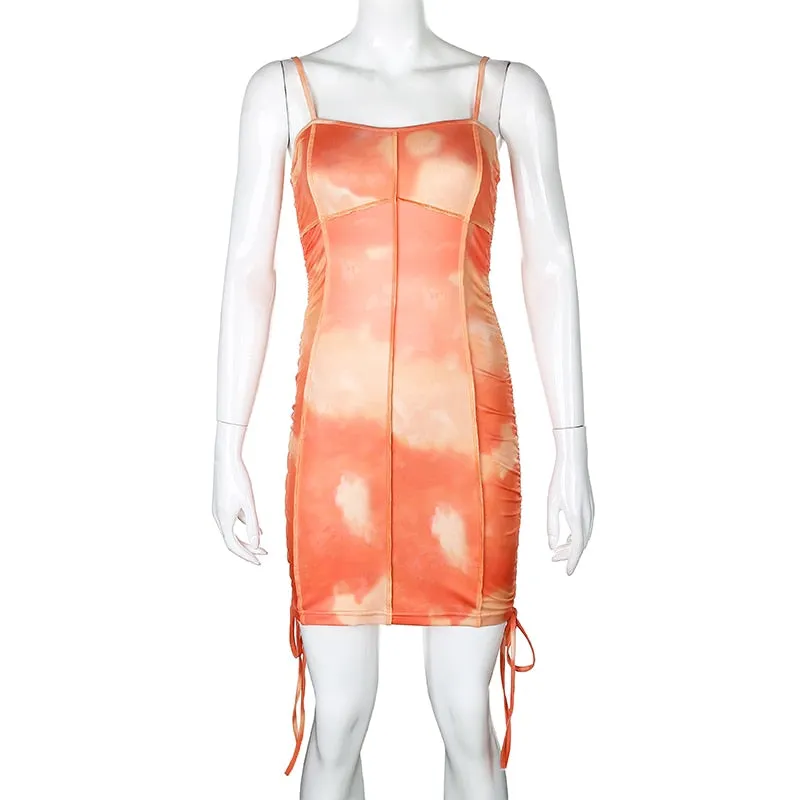 Spaghetti Strap Tie Dye Ruched Summer Drawstring Patchwork Bodycon Club Party Dress