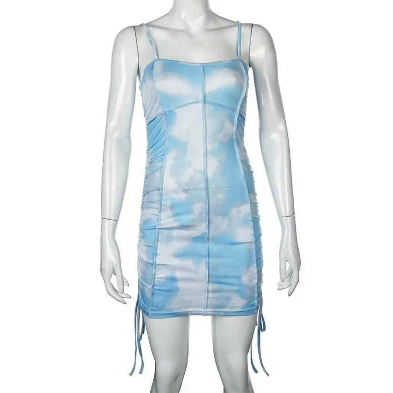 Spaghetti Strap Tie Dye Ruched Summer Drawstring Patchwork Bodycon Club Party Dress